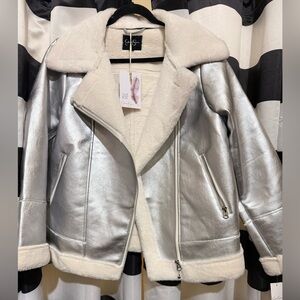 Jessica Simpson Metallic Leather Jacket with Cream Faux Sherpa Trim